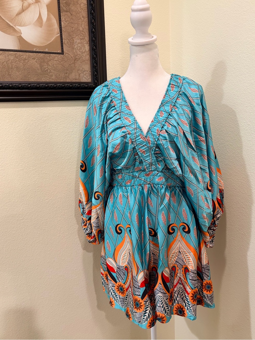 Meet Me in Santorini Turquoise Printed V-Neck Polyester Romper, size L NWT